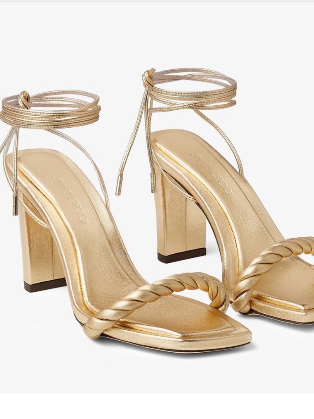 Jimmy Choo Metallic Gold Braided Ankle-Tie Block Heels